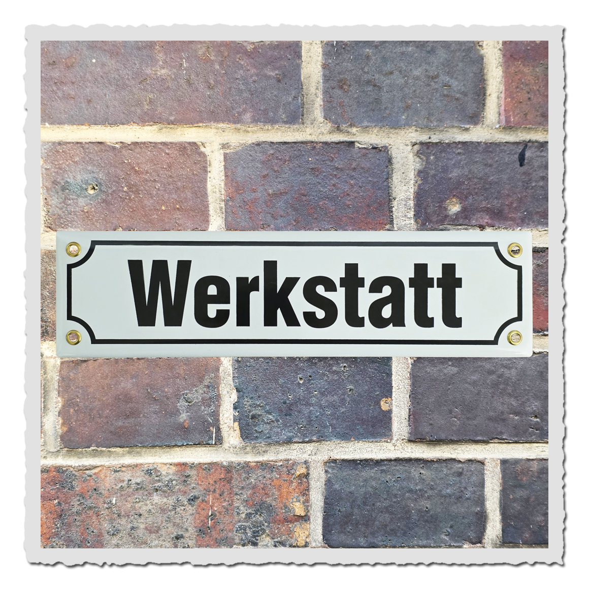 Nostalgisches, robustes Emaille-Schild Werkstatt mit Ösen zur Montage
